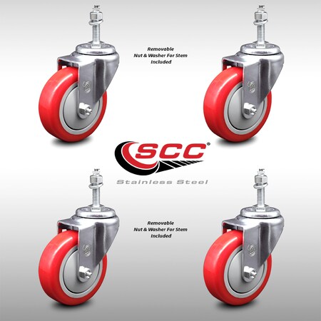 Service Caster 4 Inch SS Red Polyurethane Wheel Swivel 3/8 Inch Threaded Stem Caster Set SCC SCC-SSTS20S414-PPUB-RED-381615-4